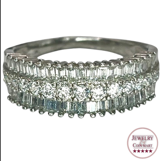 925 Sterling Silver Baguette and Round Cut Cubic Zirconia Ring Size 8.75 Band