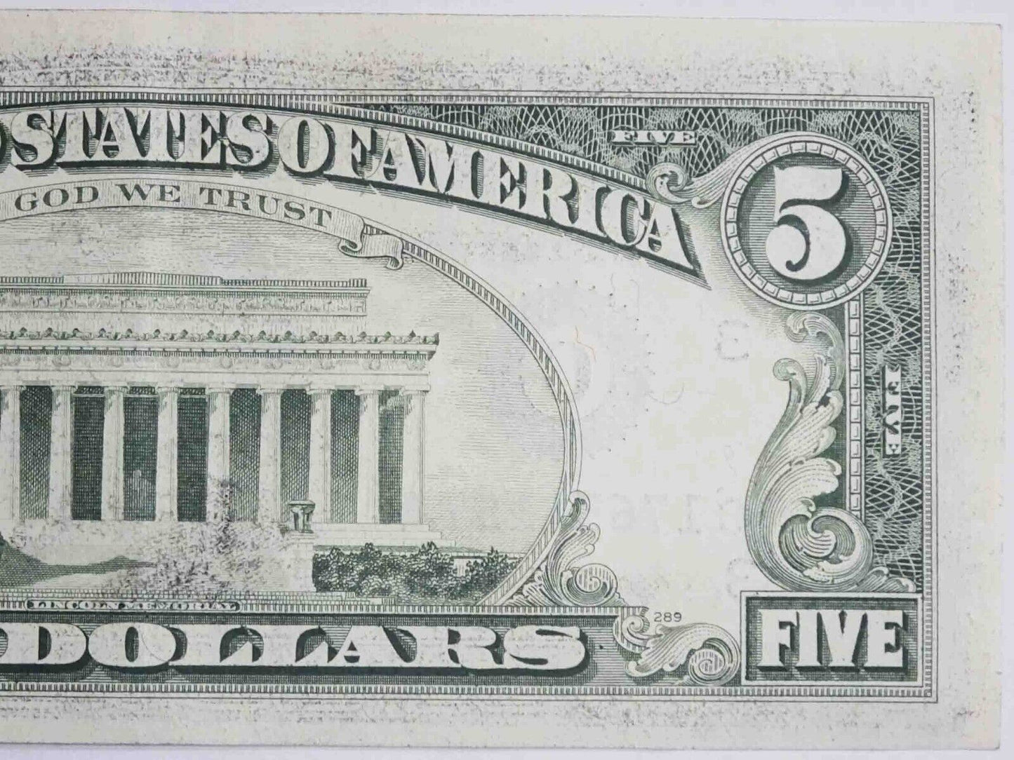 1985 $5 Federal Reserve Note Front to Back Ink Transfer Error