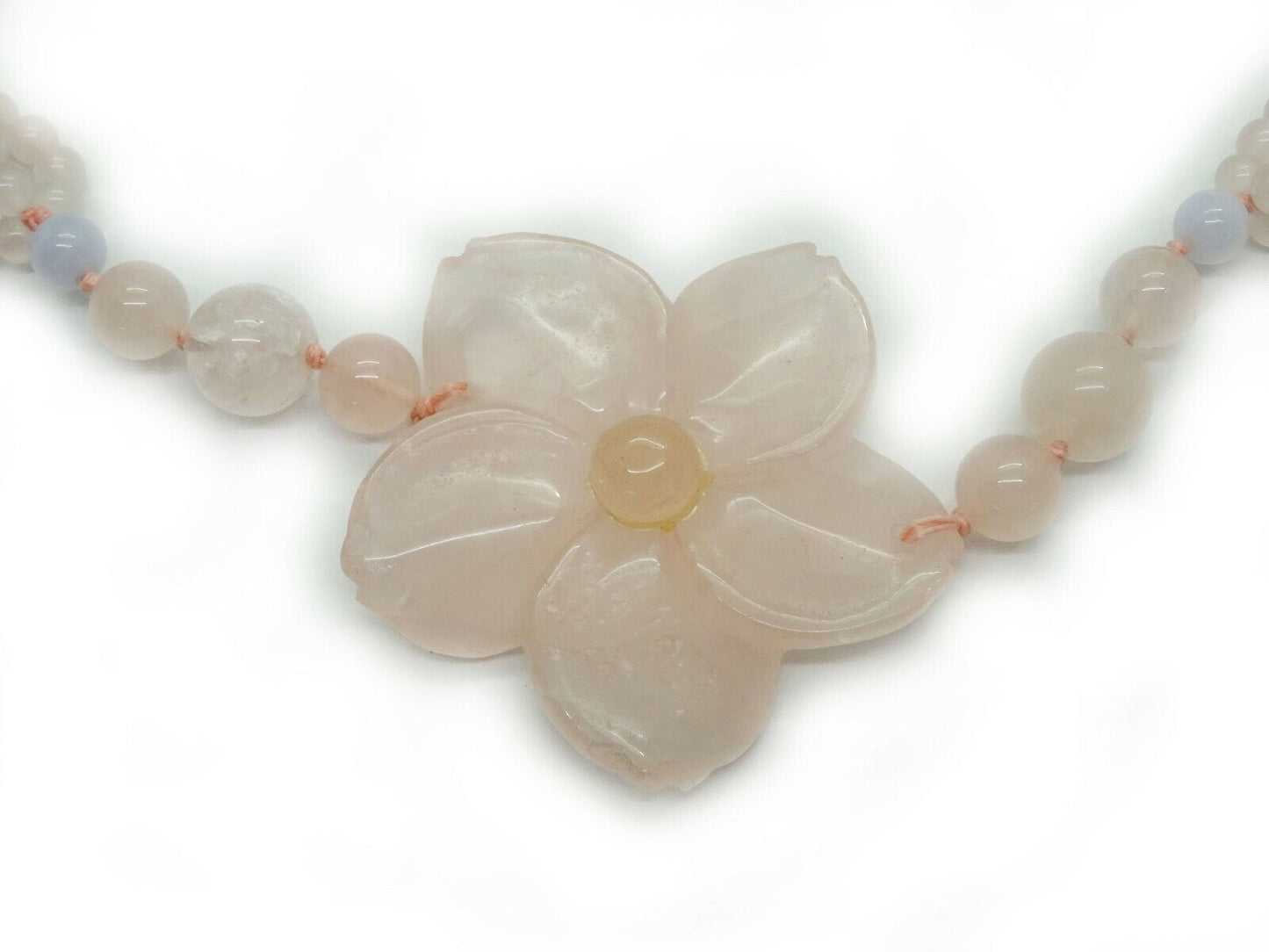Pink Carved Flower Rose Quartz Bead Necklace 32"