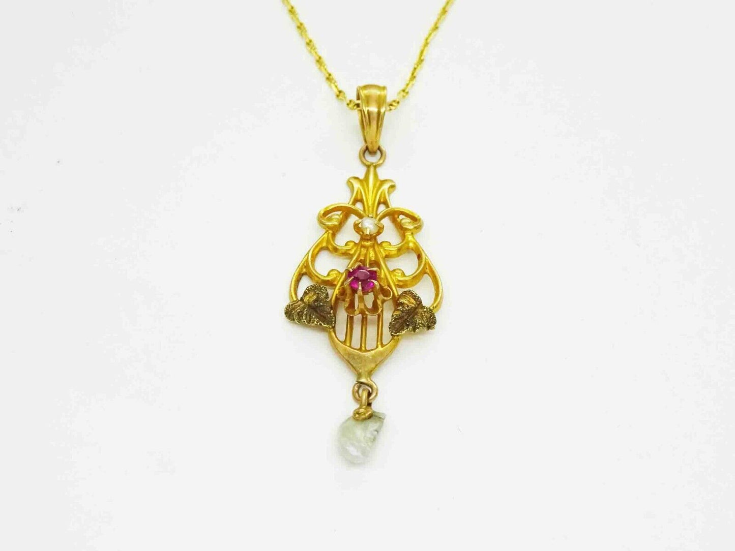 Vintage Pearl Drop Ruby Lavalier Pendant 10k Gold on Thin Chain 14k Gold 20"