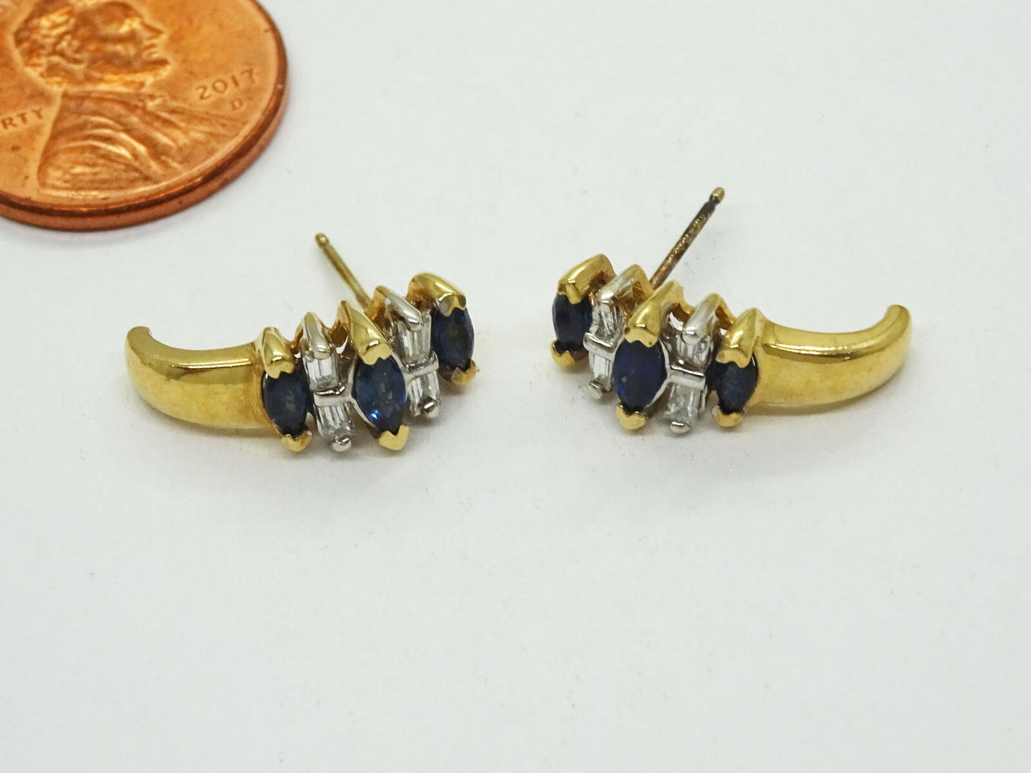 Marquise Sapphire & Baguette CZ "J" Drop Earrings 14k Gold