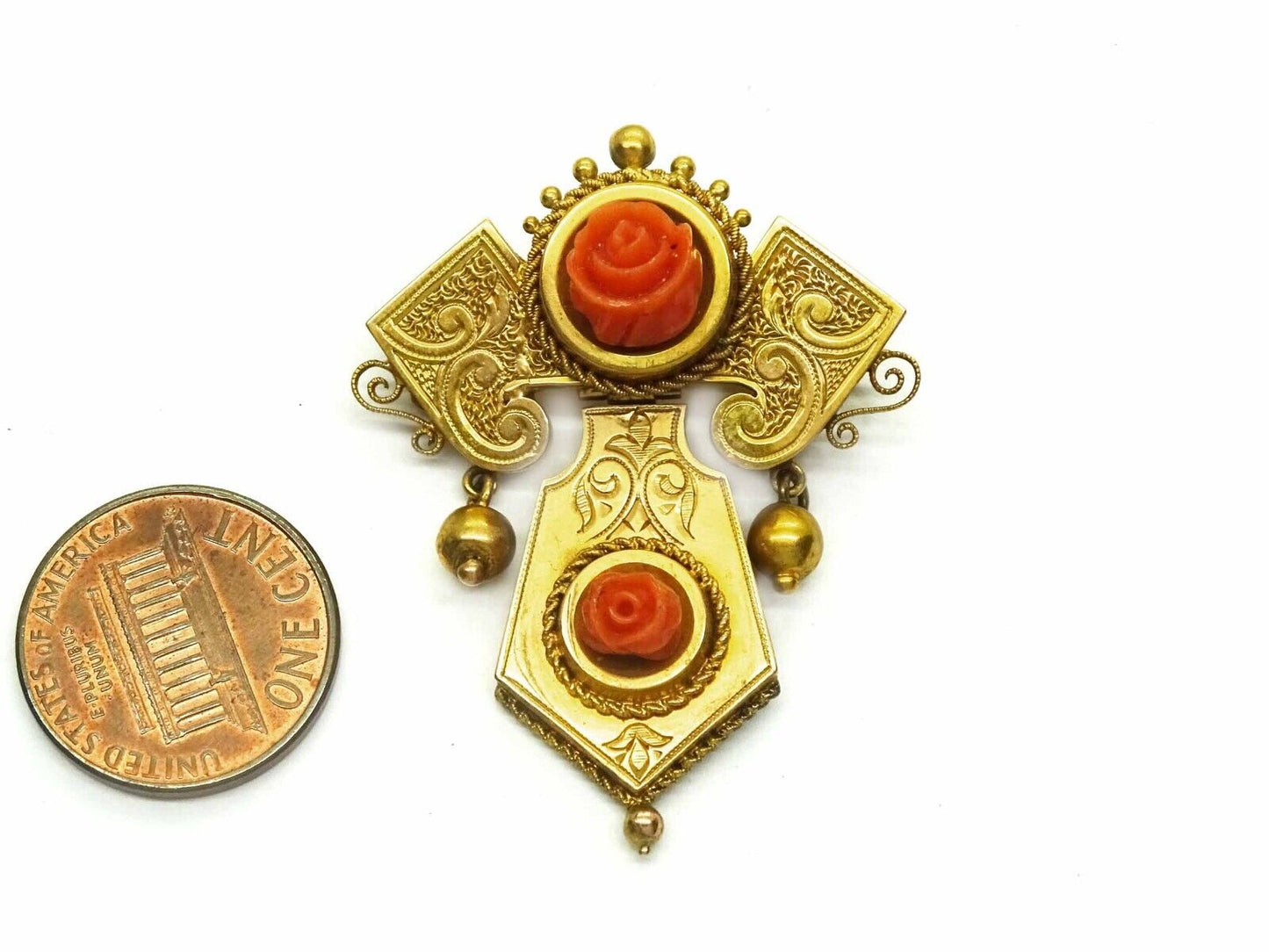 Victorian Hinged Carved Rose Red Coral Lavalier Brooch Pendant 16k Gold