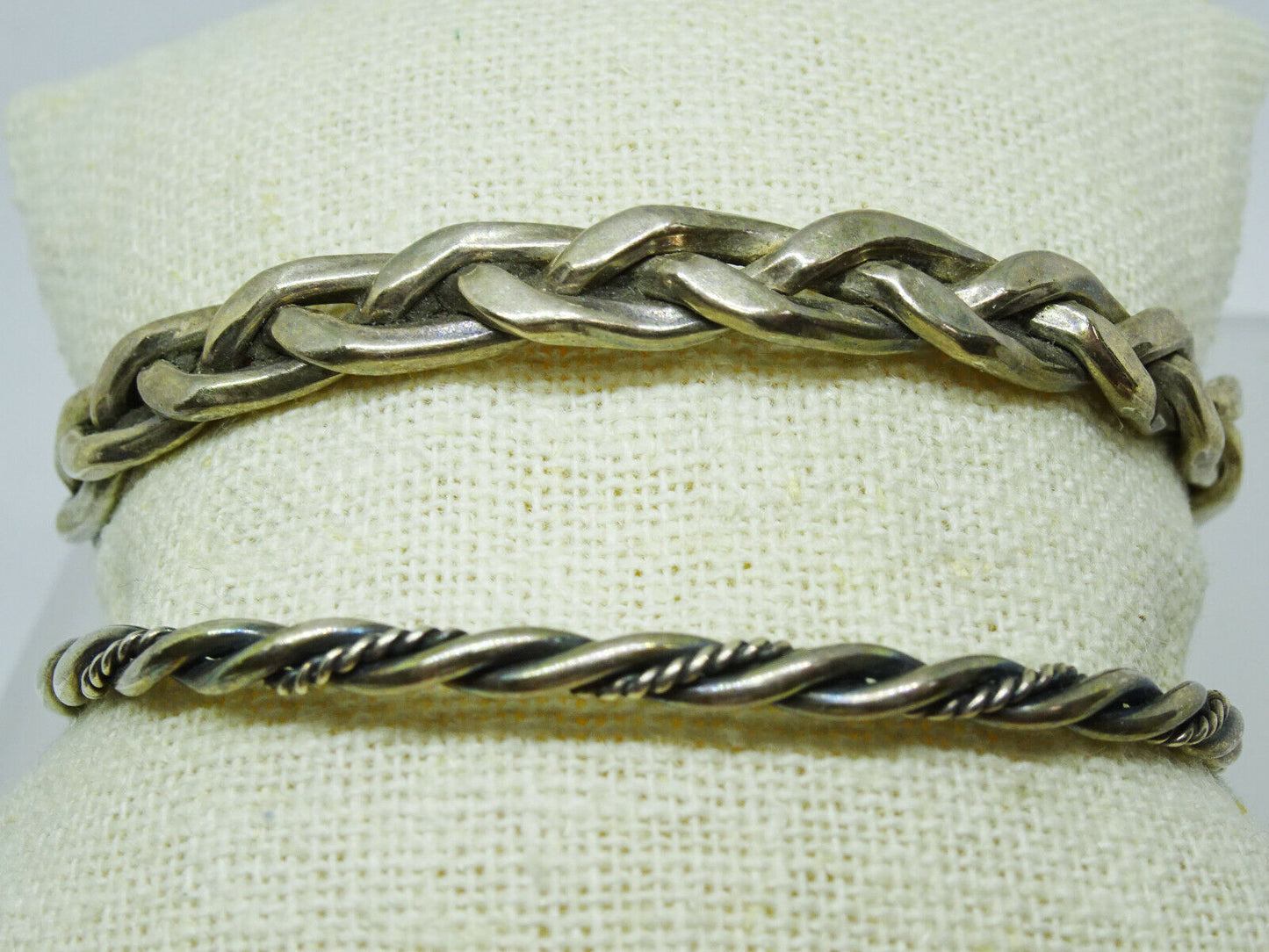 Lot of 2 Southwestern Vtg Sterling Twisted Braided Rope Cuff Bracelets, 1 signed