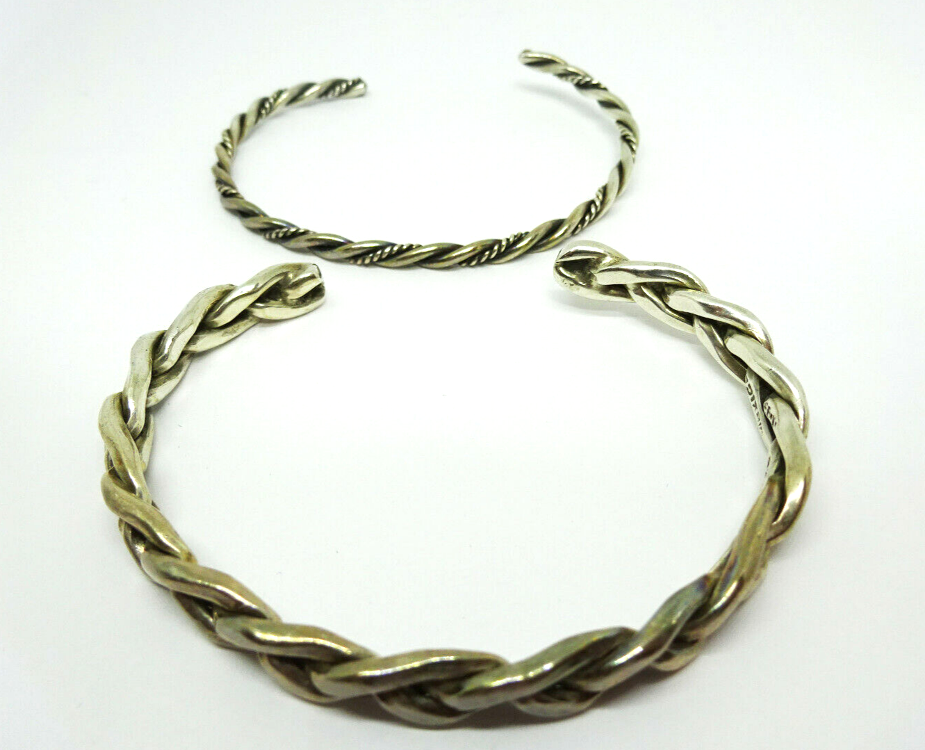 Lot of 2 Southwestern Vtg Sterling Twisted Braided Rope Cuff Bracelets, 1 signed