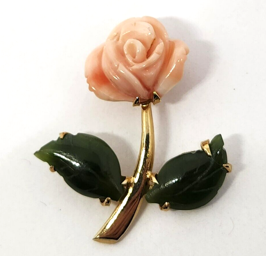 Carved Angel Skin Coral Rose Flower Nephrite Petals Gold Filled Pendant