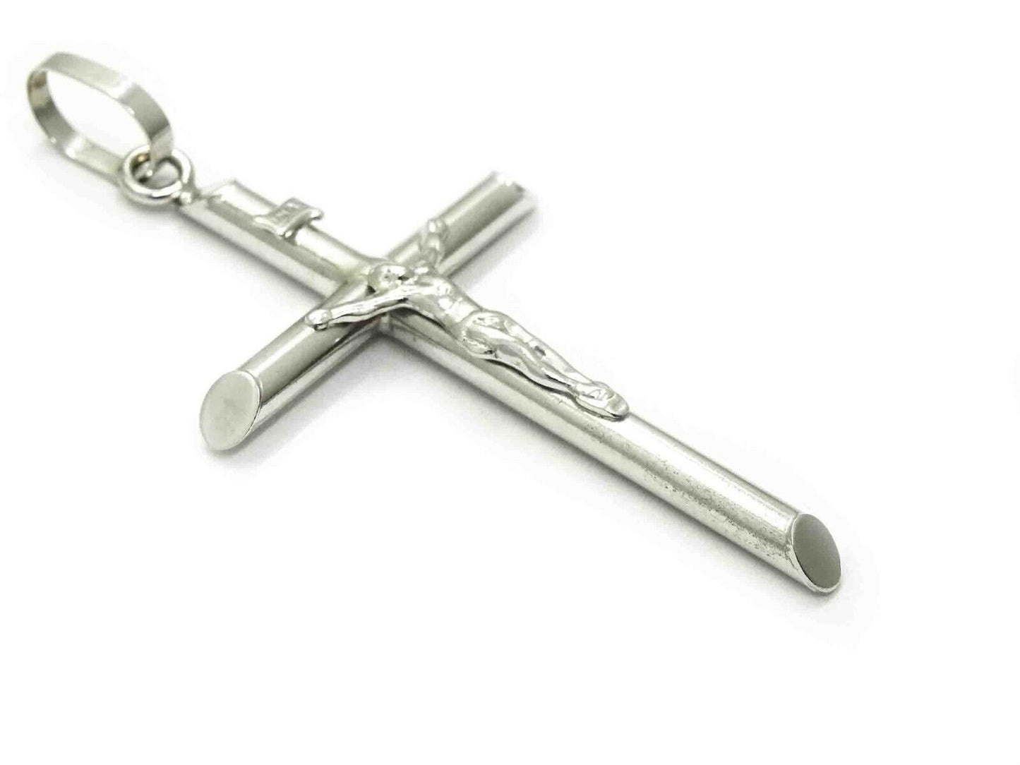 Slant End Tube Design Crucifix Pendant 14k White Gold