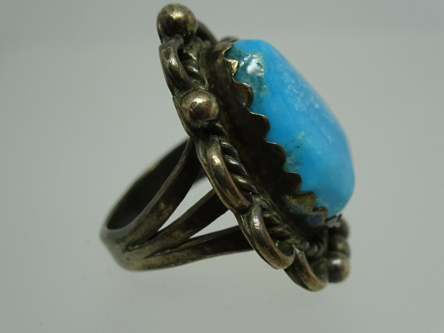 Old Pawn Native American Navajo Sterling Turquoise Ring Sawtooth Bezel Size 4.5