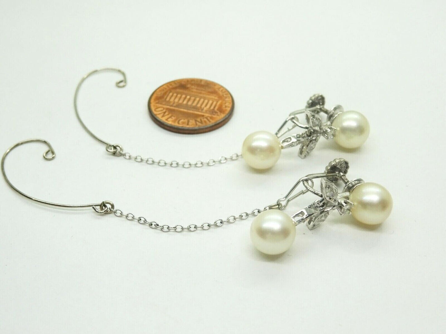 Akoya Pearl & Colorless DIAMOND Dangle Earrings SOLID 14K WHITE GOLD w/Ear Hooks