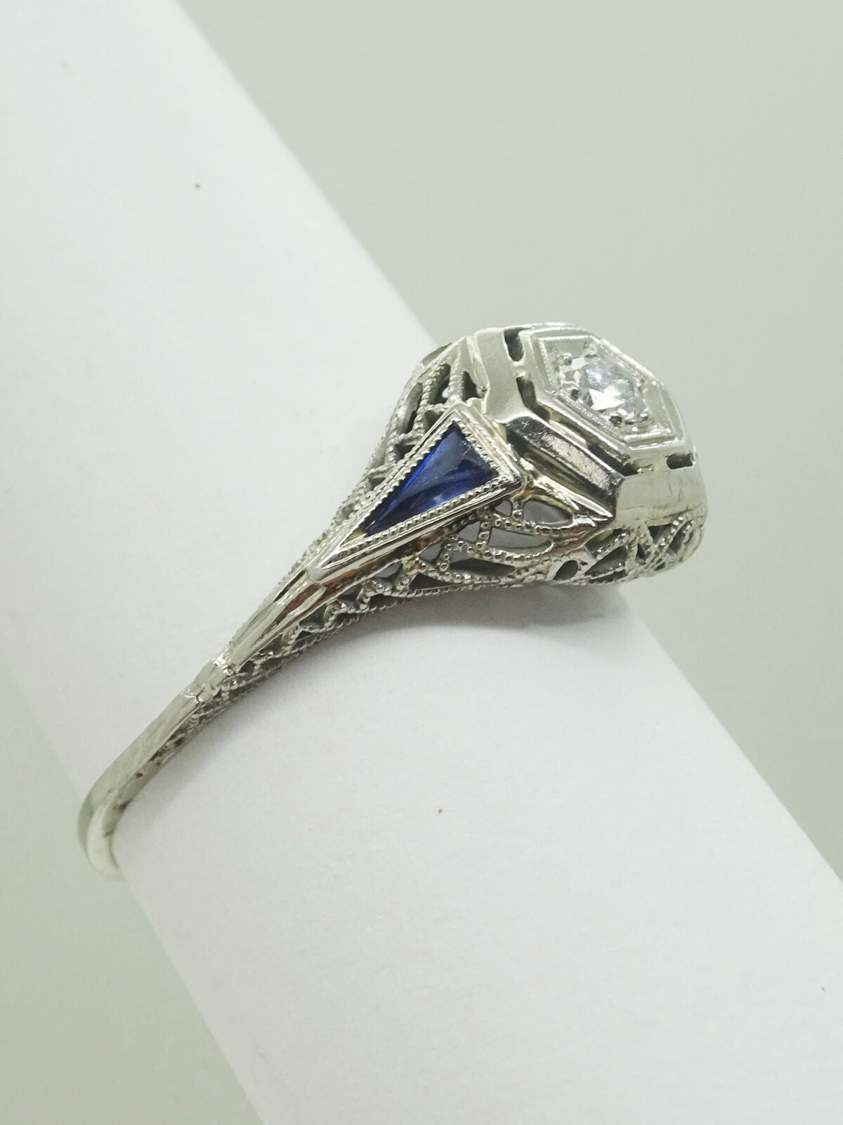 Edwardian Platinum Diamond & Sapphire Filigree Ring Size 7.5