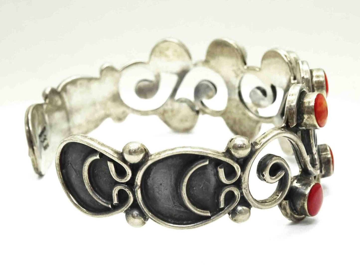 Mexico Red Agate Cabochon Openwork Cuff Bracelet Sterling Silver