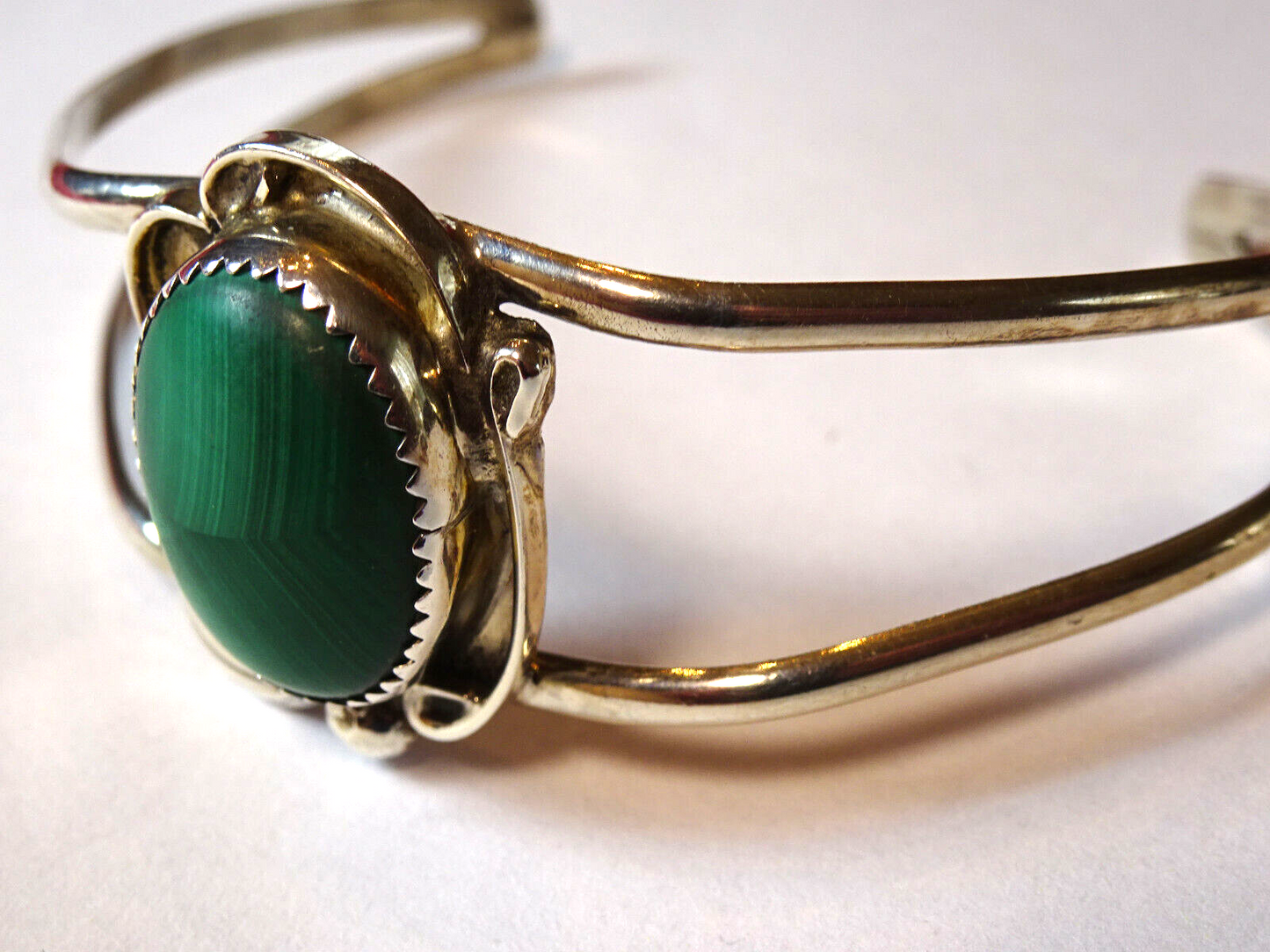 Native American Navajo Sterling Silver Malachite Cuff Bracelet, Signed TT
