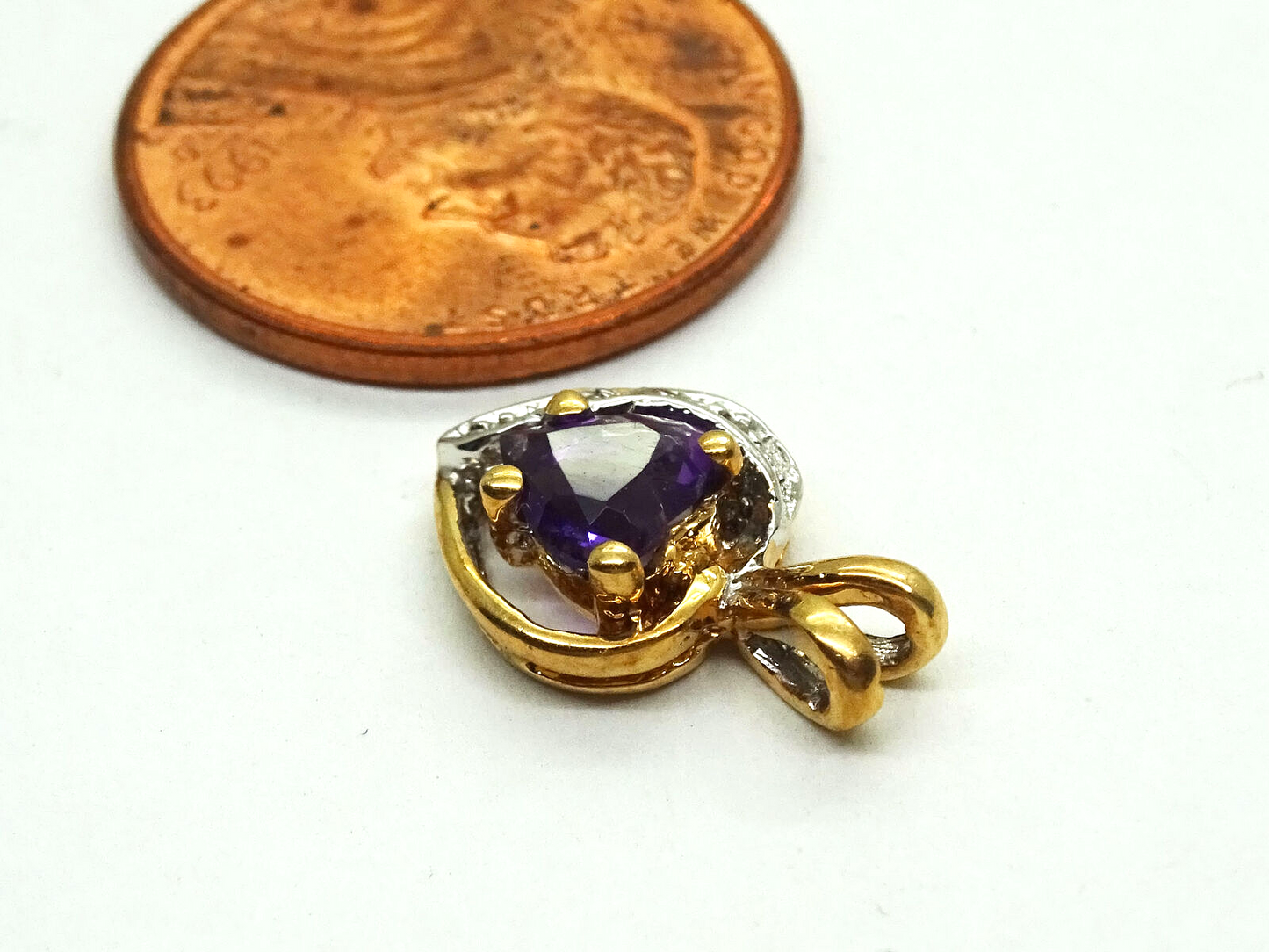 Petite 14k Yellow Gold Amethyst Diamond Heart Pendant 9/16" Tall