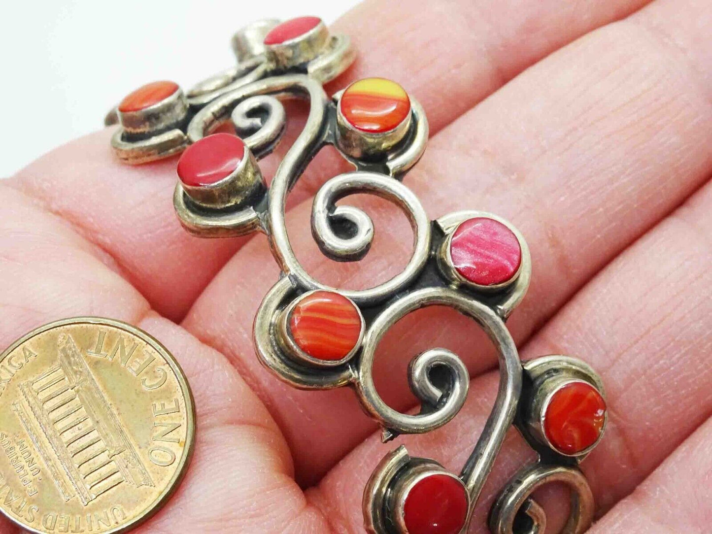 Mexico Red Agate Cabochon Openwork Cuff Bracelet Sterling Silver