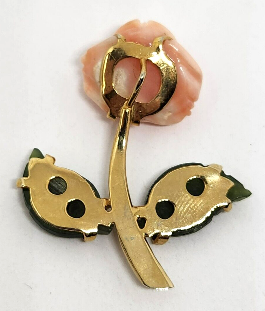 Carved Angel Skin Coral Rose Flower Nephrite Petals Gold Filled Pendant