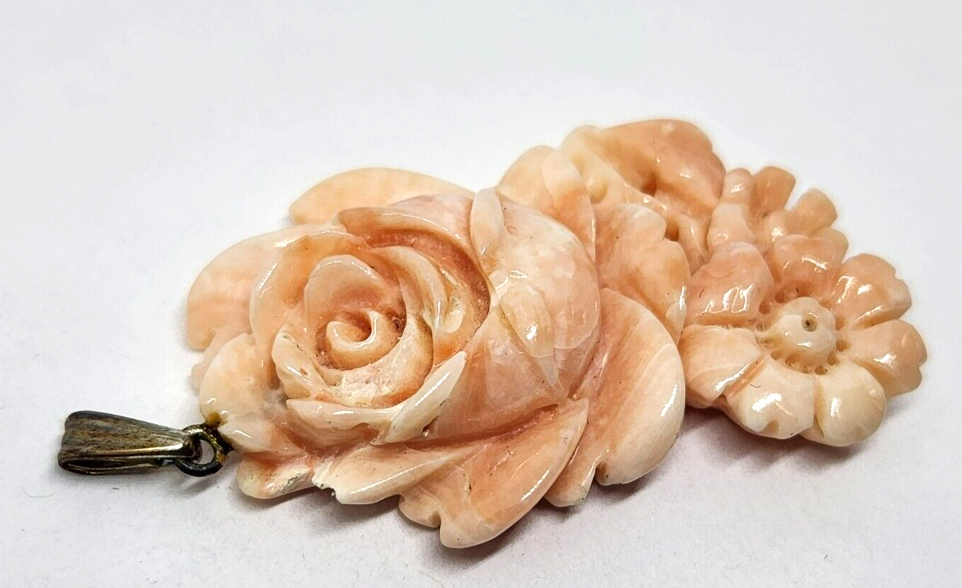Carved Floral Angel Skin Coral Sterling Silver Pendant 1.5" Long