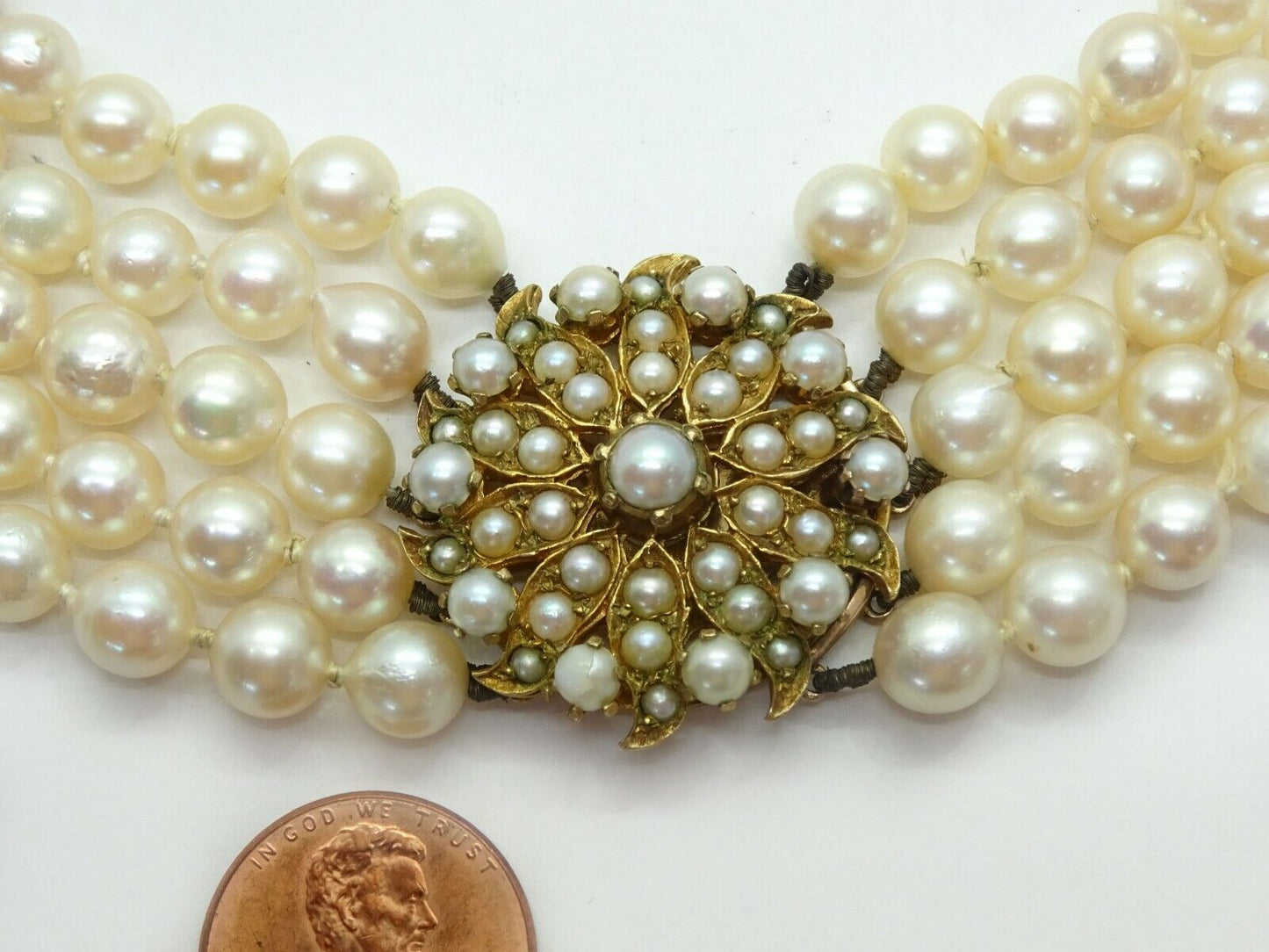 5-Strand Knotted Natural Pearl Necklace 9k Gold Signed DHJ 16”