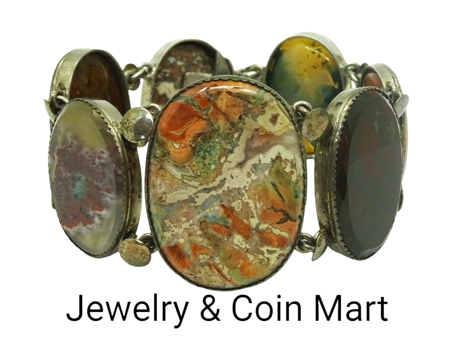 Vintage Handmade Large Unusual Oval Agate Sterling Silver Bracelet