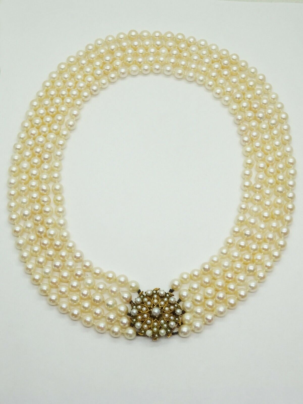5-Strand Knotted Natural Pearl Necklace 9k Gold Signed DHJ 16”