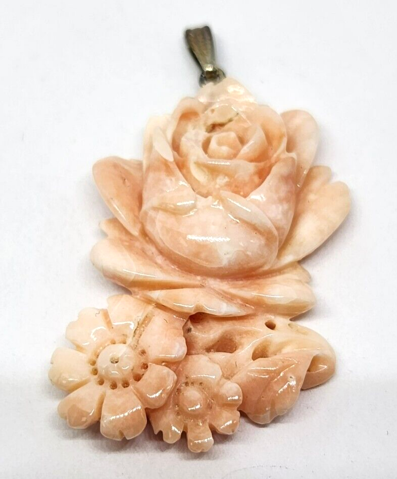Carved Floral Angel Skin Coral Sterling Silver Pendant 1.5" Long