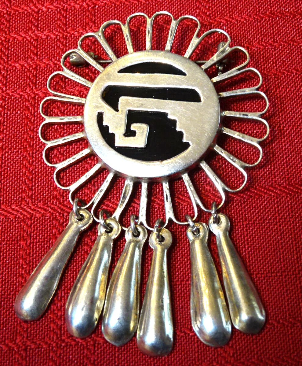 Vtg. Rare Old Pawn Taxco Sterling Silver Sun Brooch,Black Onyx Inlay 925, 20.1 g