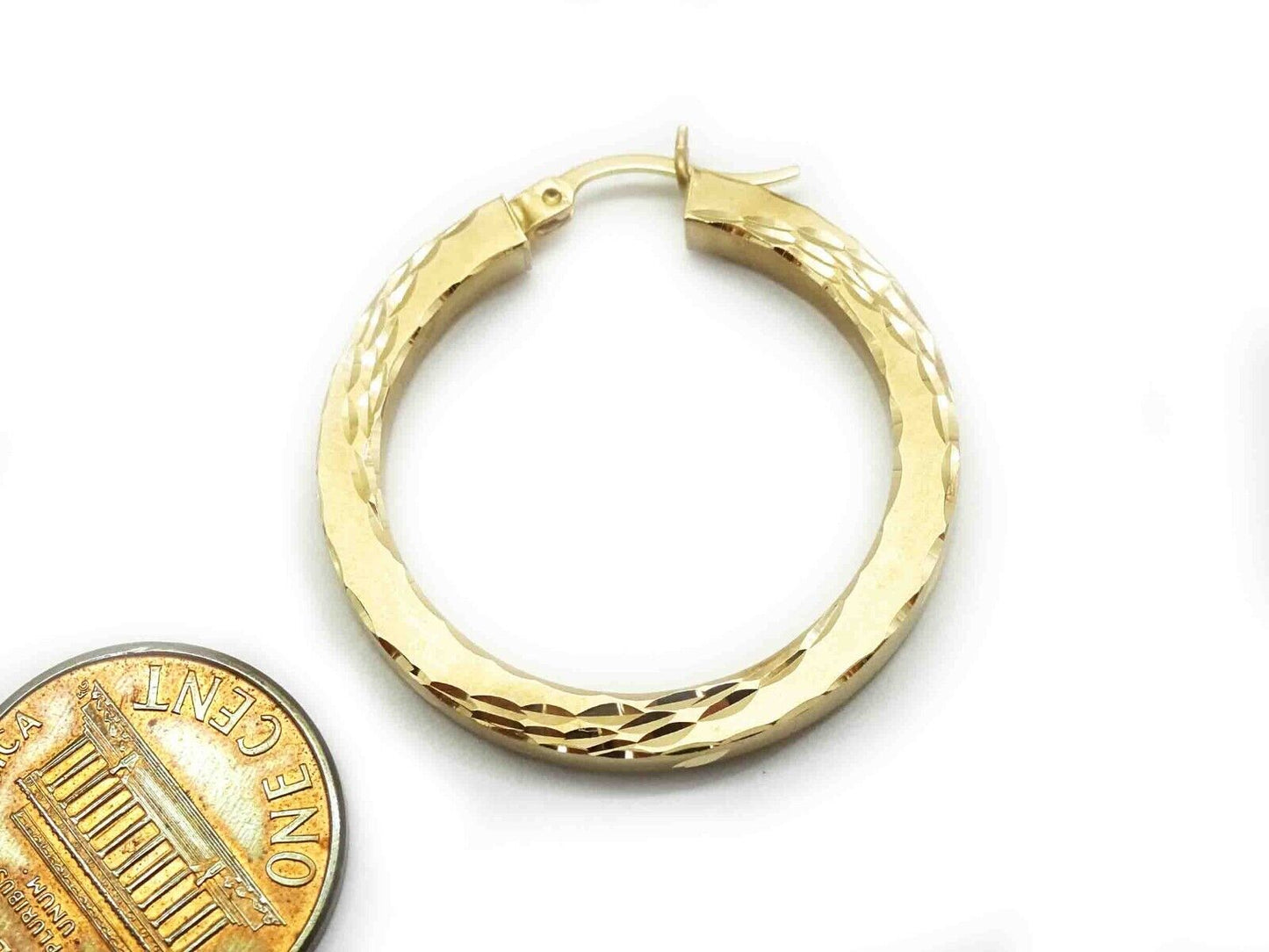 3mm Thick Dia-Cut Round Dangle Hoop Earrings 14k Gold