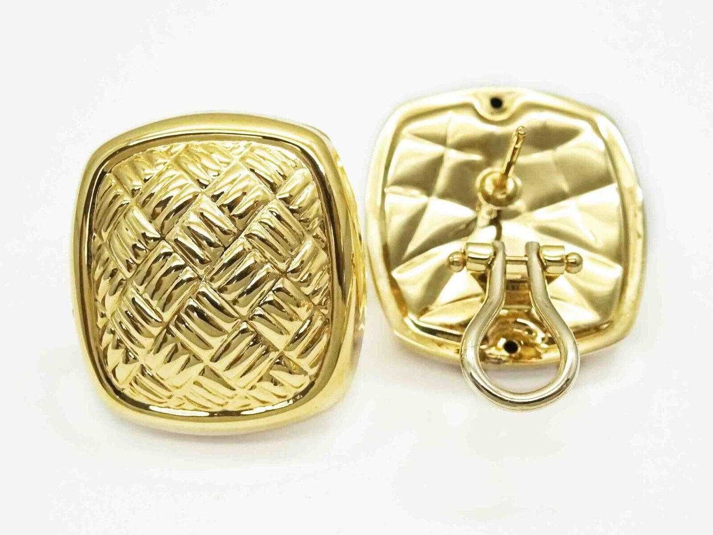 Italian Puffy Cushion Weave Design Euro Post Clip Earrings 14k Gold