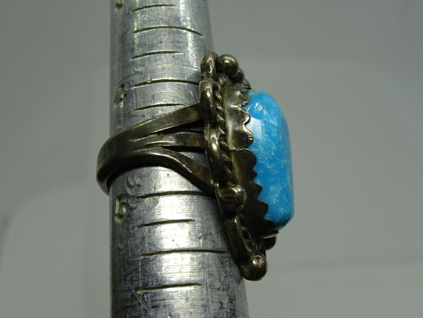 Old Pawn Native American Navajo Sterling Turquoise Ring Sawtooth Bezel Size 4.5