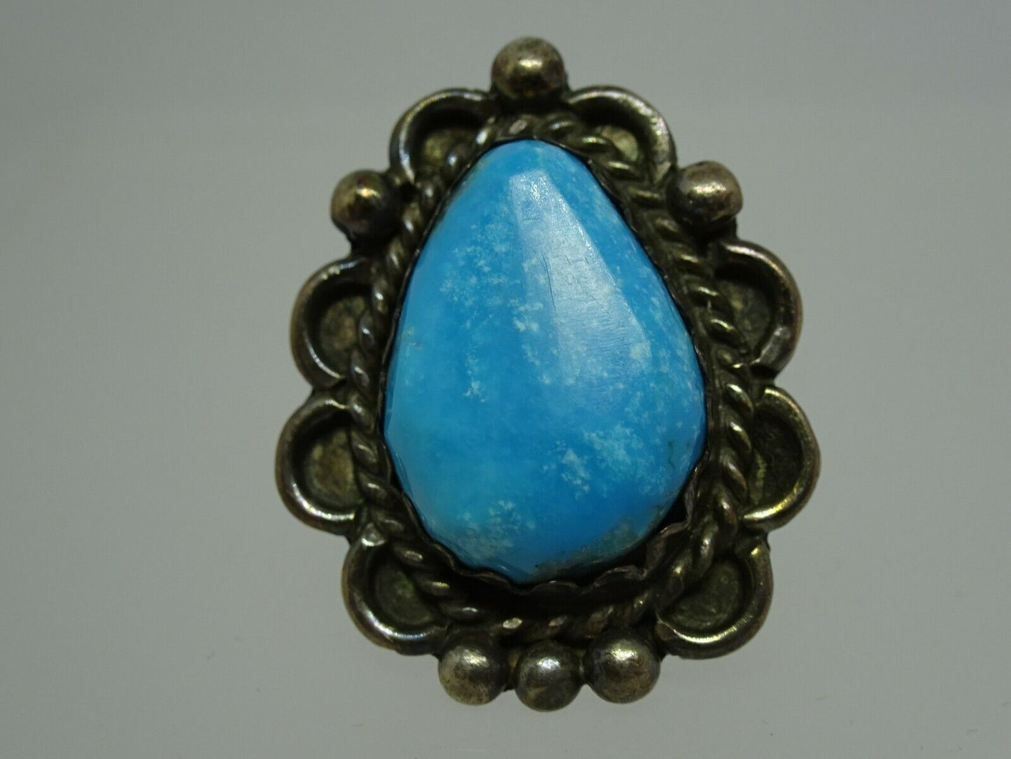 Old Pawn Native American Navajo Sterling Turquoise Ring Sawtooth Bezel Size 4.5