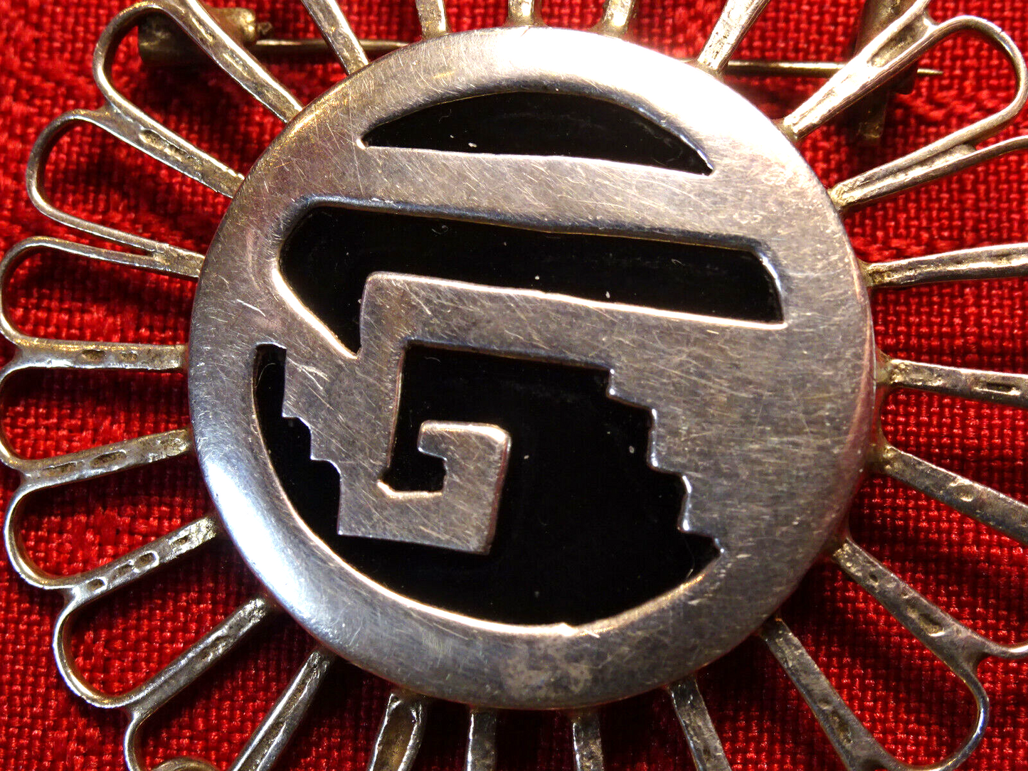 Vtg. Rare Old Pawn Taxco Sterling Silver Sun Brooch,Black Onyx Inlay 925, 20.1 g