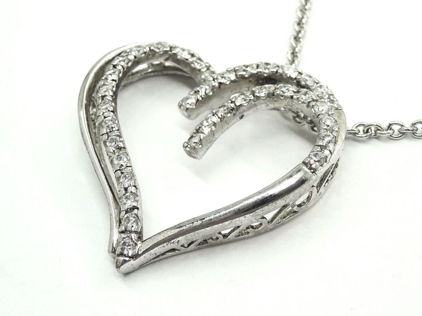 Big Open Heart CZ Pendant Chain Necklace Sterling Silver
