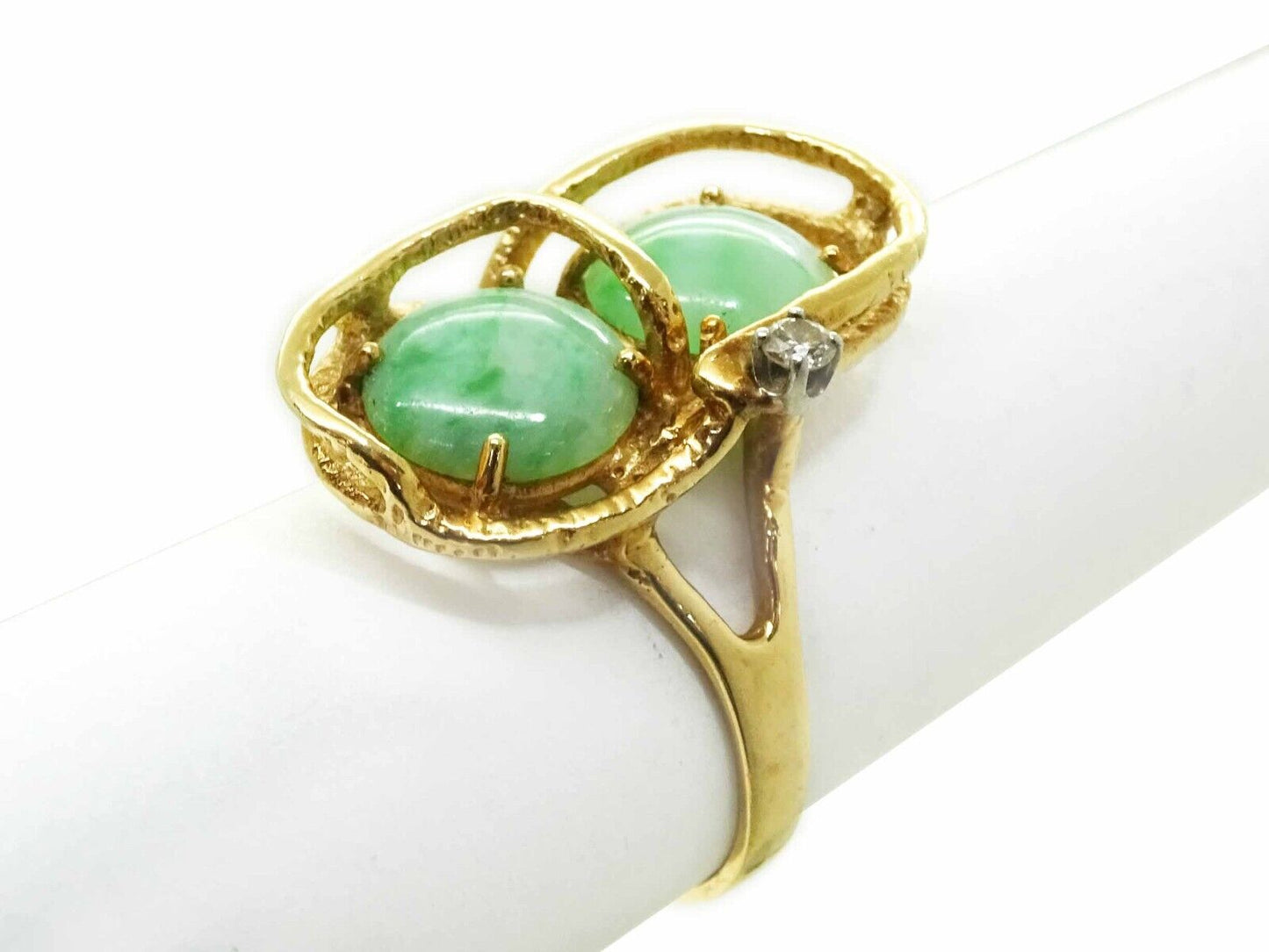Mid-Century Modern Jade & Diamond Ring 14k Gold Size 8.5