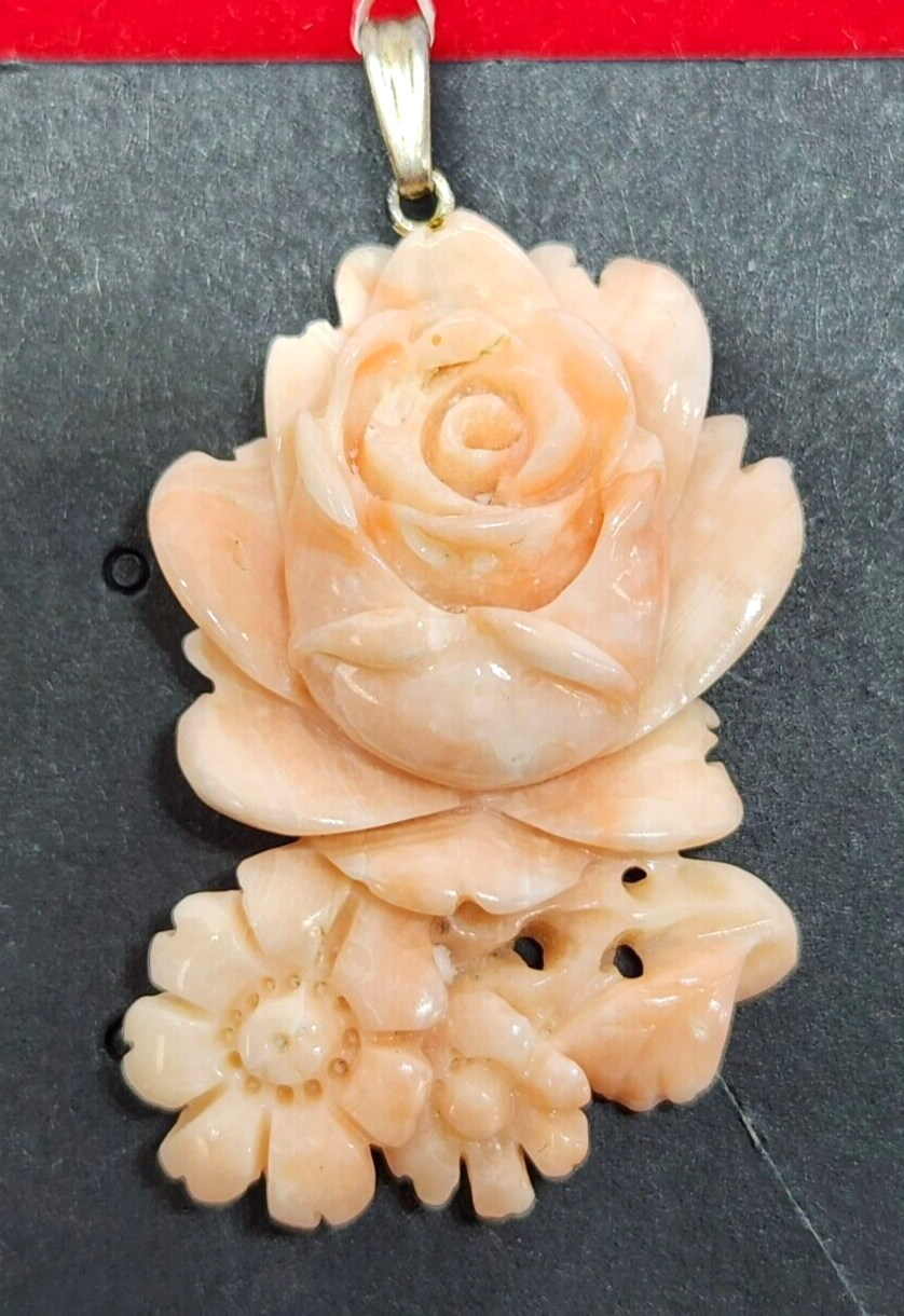 Carved Floral Angel Skin Coral Sterling Silver Pendant 1.5" Long