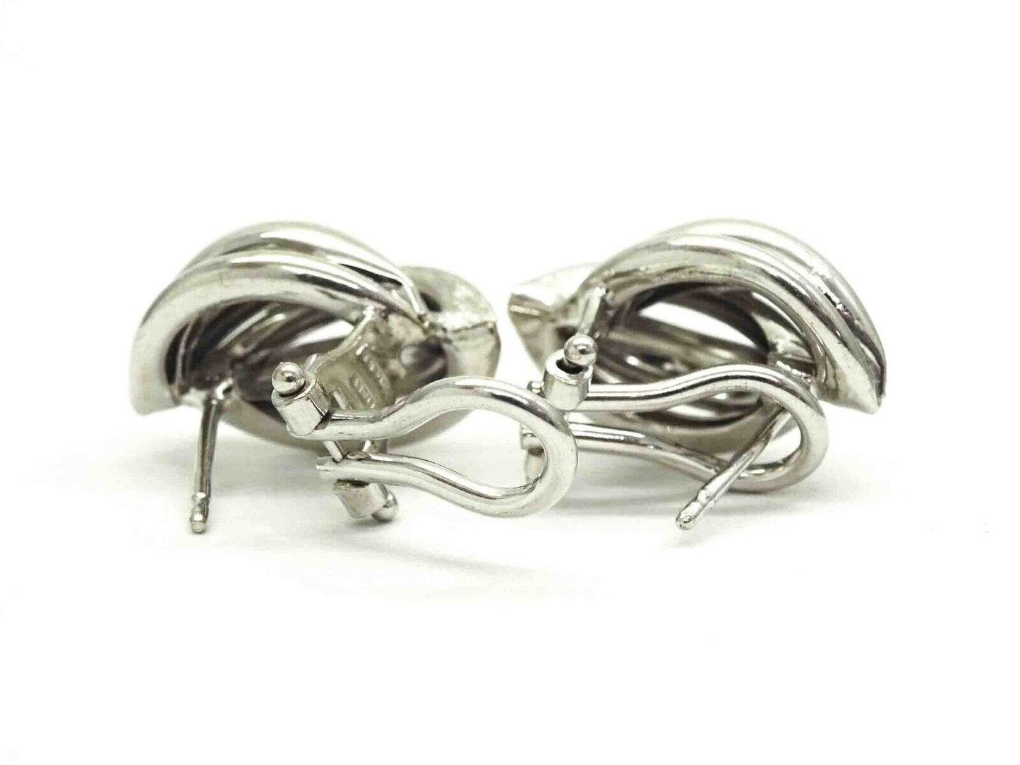 Italian Openwork Swirl Design Omega Earrings 14k White Gold 5.3 Grams