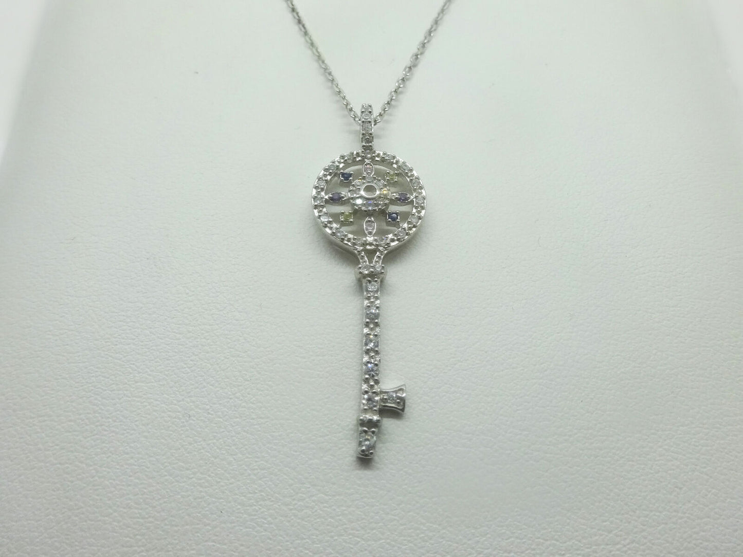 Sterling Silver Key Pendant Necklace CZ Accent