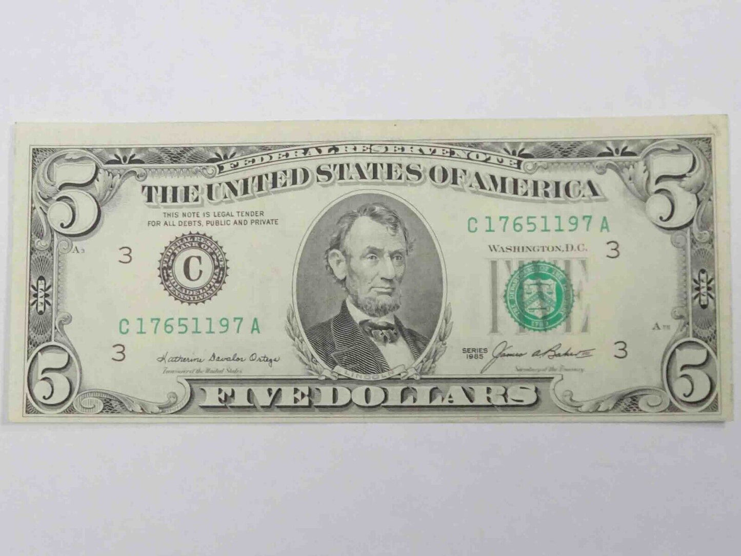 1985 $5 Federal Reserve Note Front to Back Ink Transfer Error
