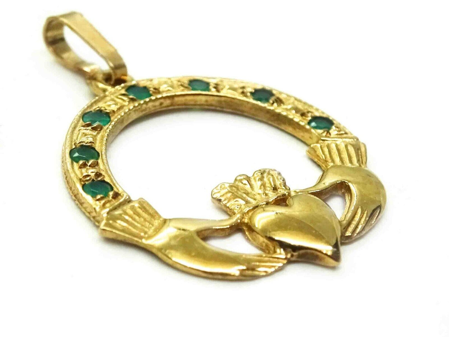 0.15ct tw Natural Emerald Claddagh Charm Pendant 9k Gold 1.6 Grams