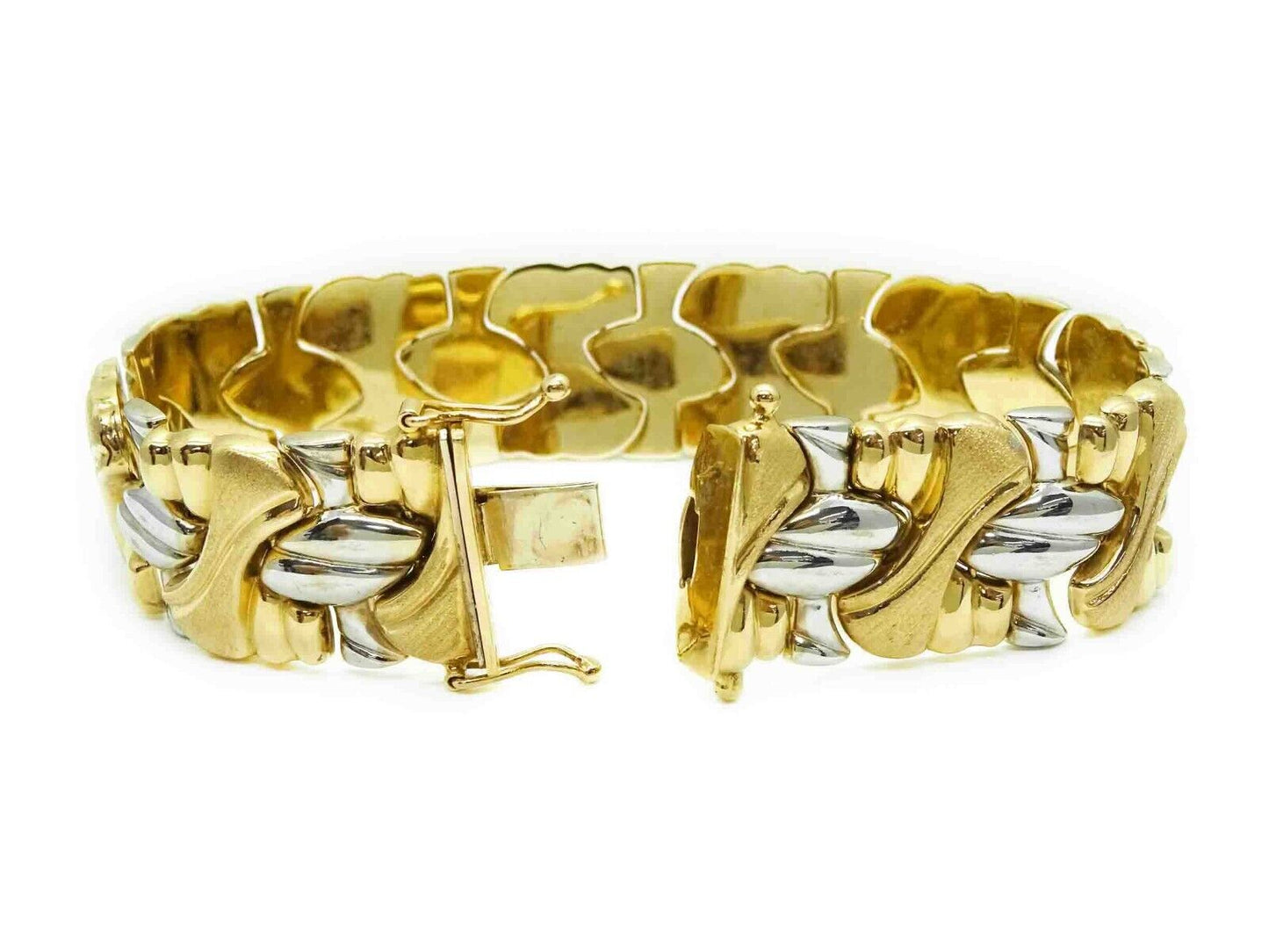 18mm Wide Two-Tone Panel Link Tennis Bracelet 14k Yellow & White Gold