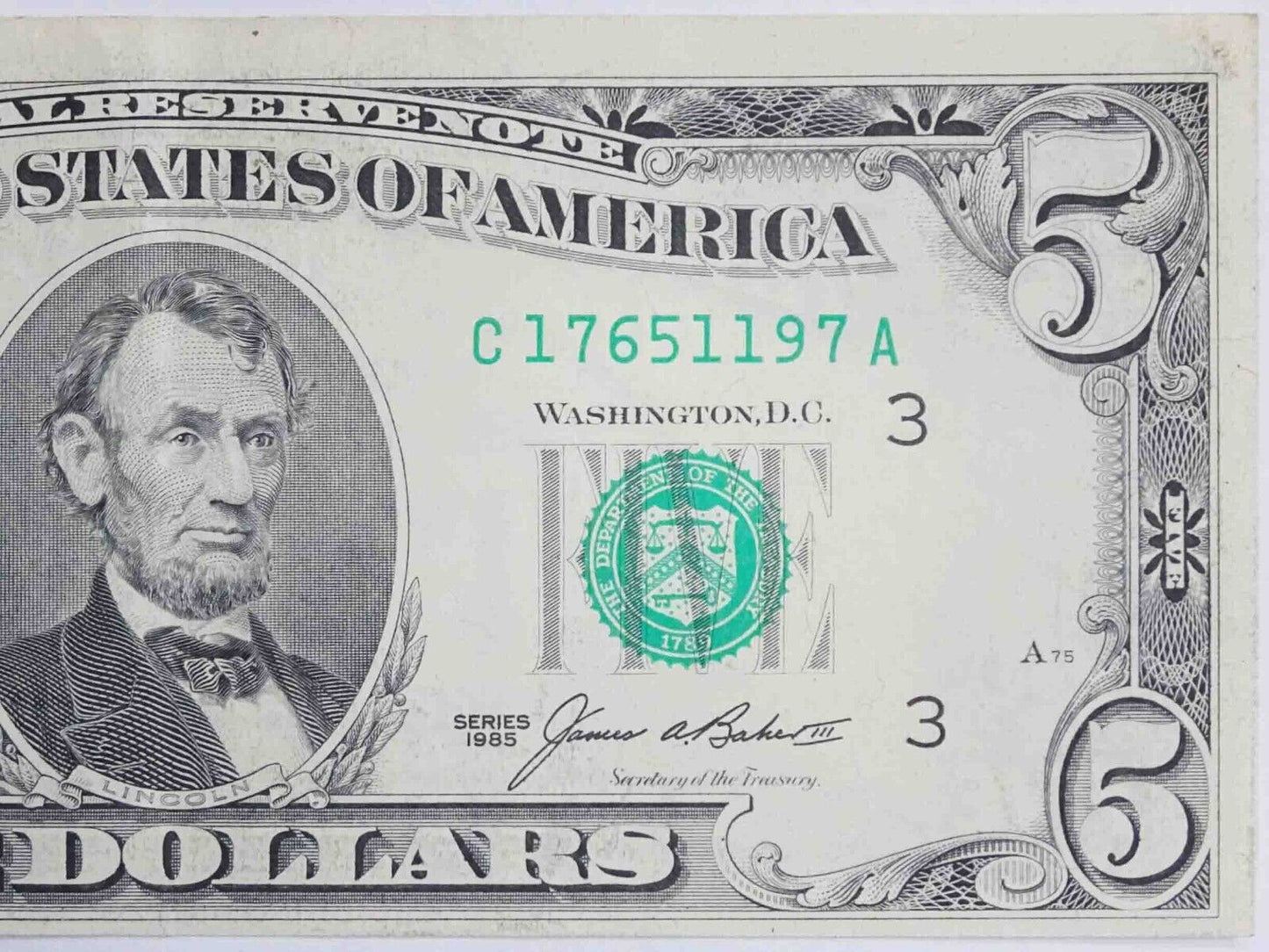 1985 $5 Federal Reserve Note Front to Back Ink Transfer Error