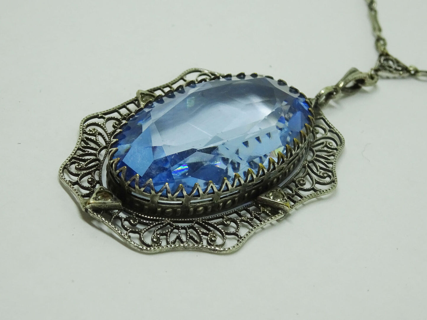 Blue Faceted Crystal Filigree Lariat Pendant Chain Sterling Silver