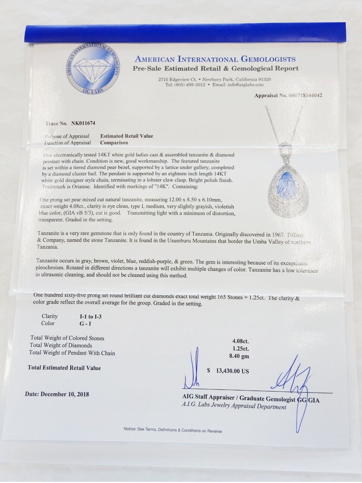 5.33ct tw Natural Tanzanite & Earth Mined Diamond Pendant 14k WG w/AIG Report