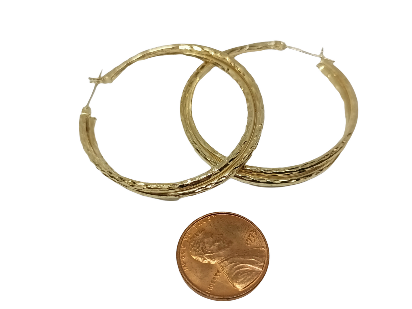 4mm Wide Dia-Cut Finish Double Hoop Earrings 14k Gold 1.75'' Diameter 4.4 Grams