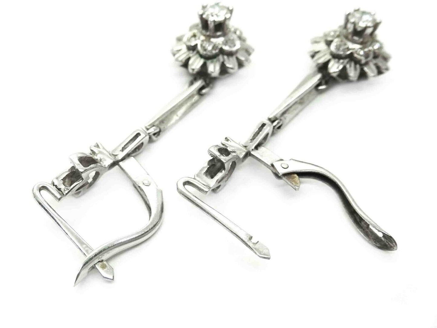 Mid-Century 0.54ct tw Diamond Flower Burst Dangle Earrings 14k White Gold