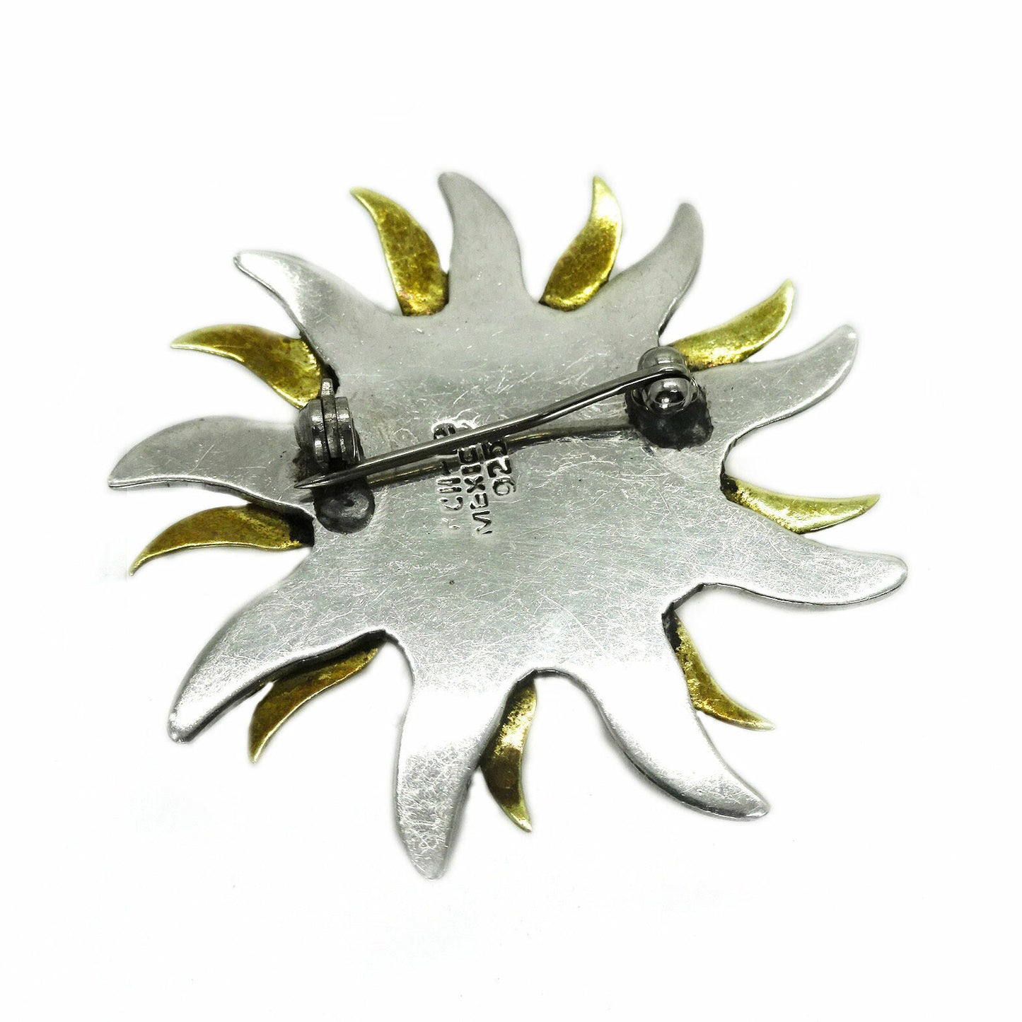 Vintage Taxco 2-Tone Sterling/Brass Smiling Sun Pin Brooch, Signed