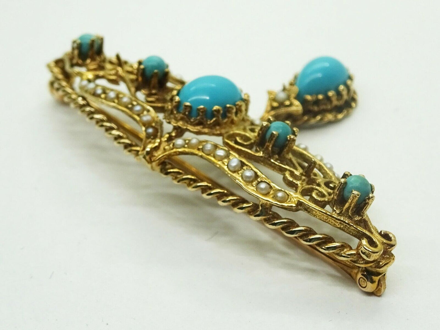 Robin's Egg Blue Persian Turquoise & Seed Pearl Dangle Filigree Brooch 14k Gold