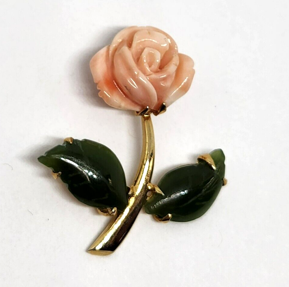 Carved Angel Skin Coral Rose Flower Nephrite Petals Gold Filled Pendant