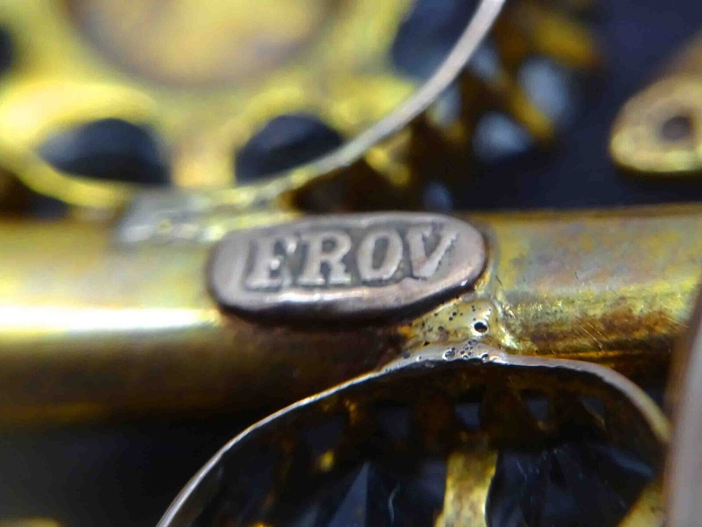 Antique EROV Sapphire & Seed Pearl & Crystal Floral Brooch Pin 14k Gold