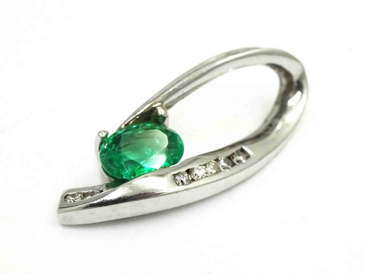 Natural Oval Emerald & Diamond Accent Open Loop Slide Pendant 14k White Gold