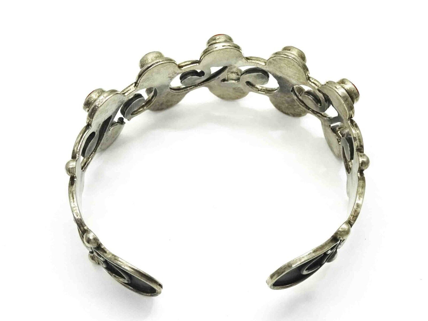 Mexico Red Agate Cabochon Openwork Cuff Bracelet Sterling Silver