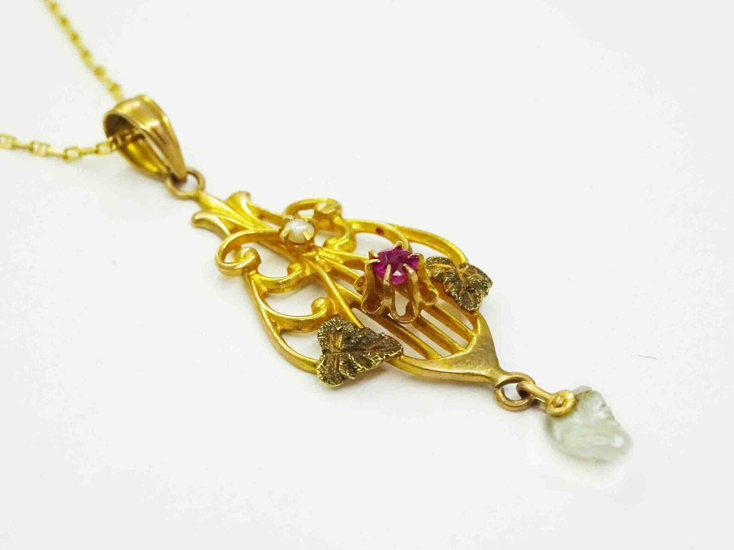 Vintage Pearl Drop Ruby Lavalier Pendant 10k Gold on Thin Chain 14k Gold 20"