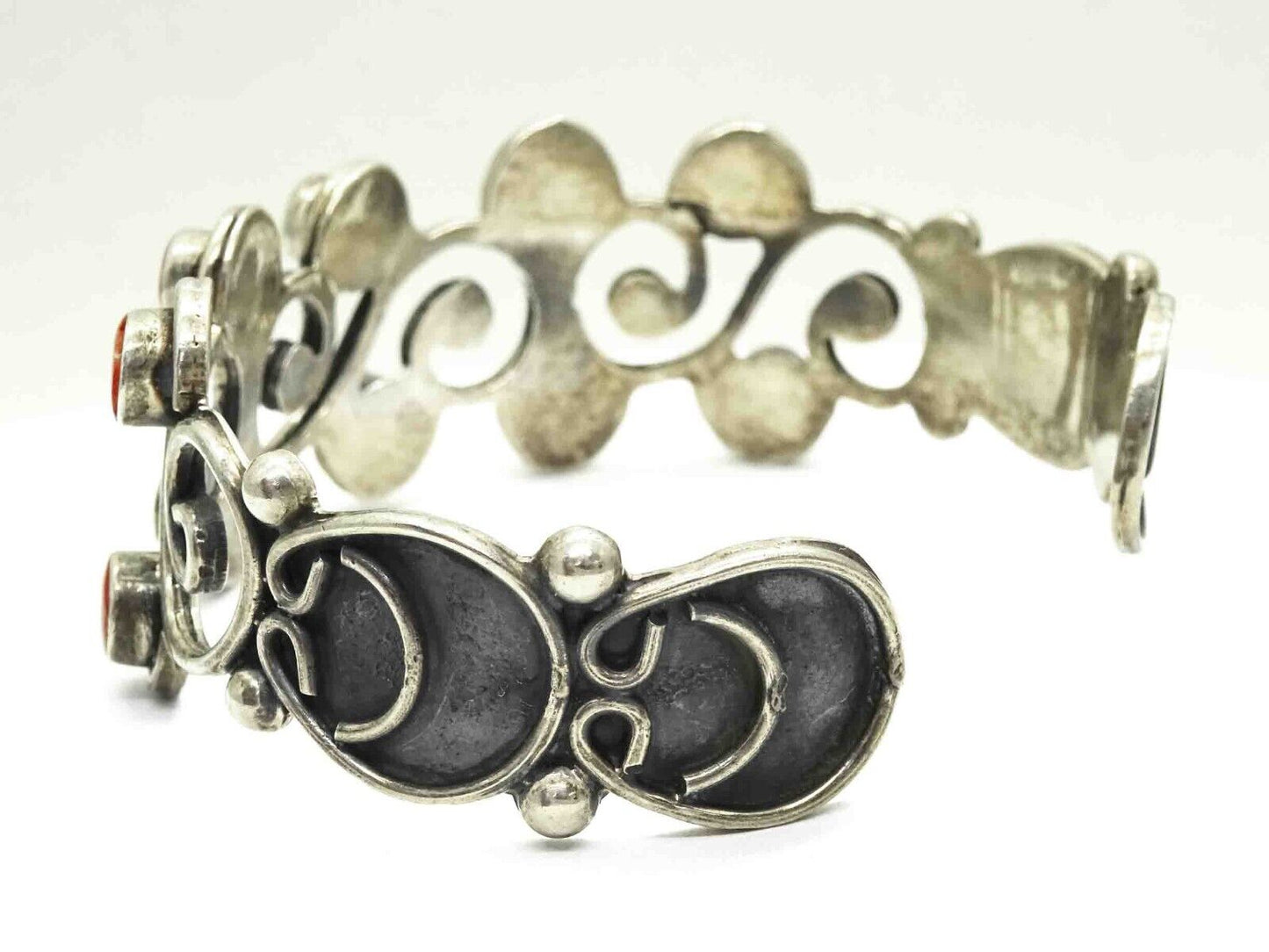 Mexico Red Agate Cabochon Openwork Cuff Bracelet Sterling Silver